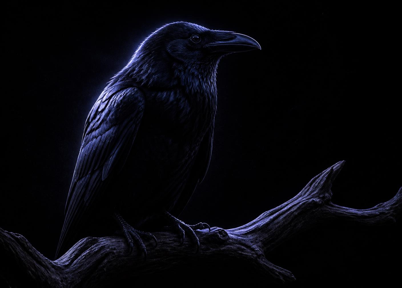 Silhouetted black cat and raven beneath a violet moon, representing animal communication