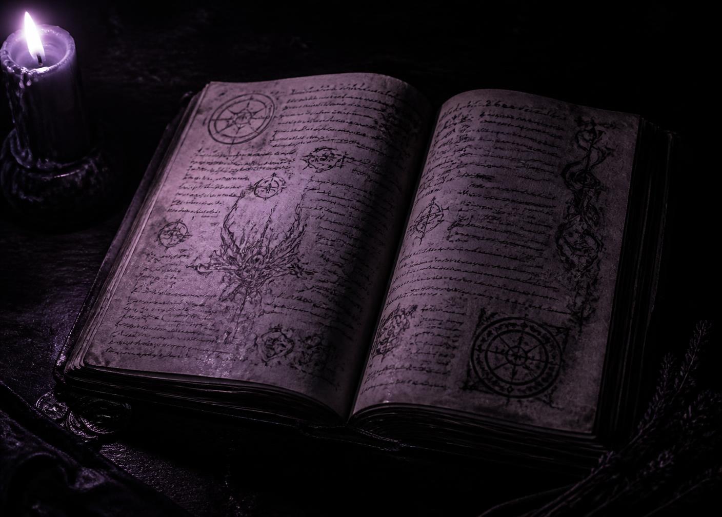 An open handwritten grimoire lit by candlelight, representing intuitive development mentorship
